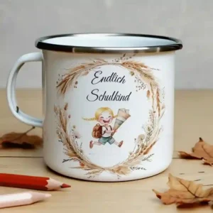 Emaille Tasse Endlich Schulkind mit Namen