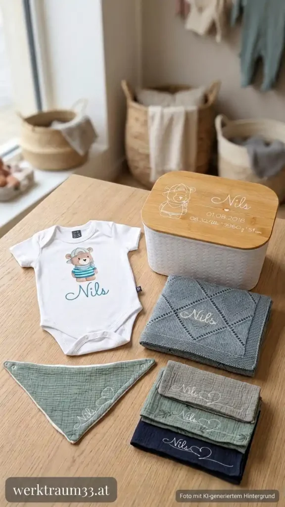 Babybox Premium mit Kurzarm-Body und blauem Herzi-Bärli-Motiv, einer Babydecke, Spucktüchern, Waschlappen und Lätzchen. Personalisiert mit dem Namen "Nils". | werktraum33