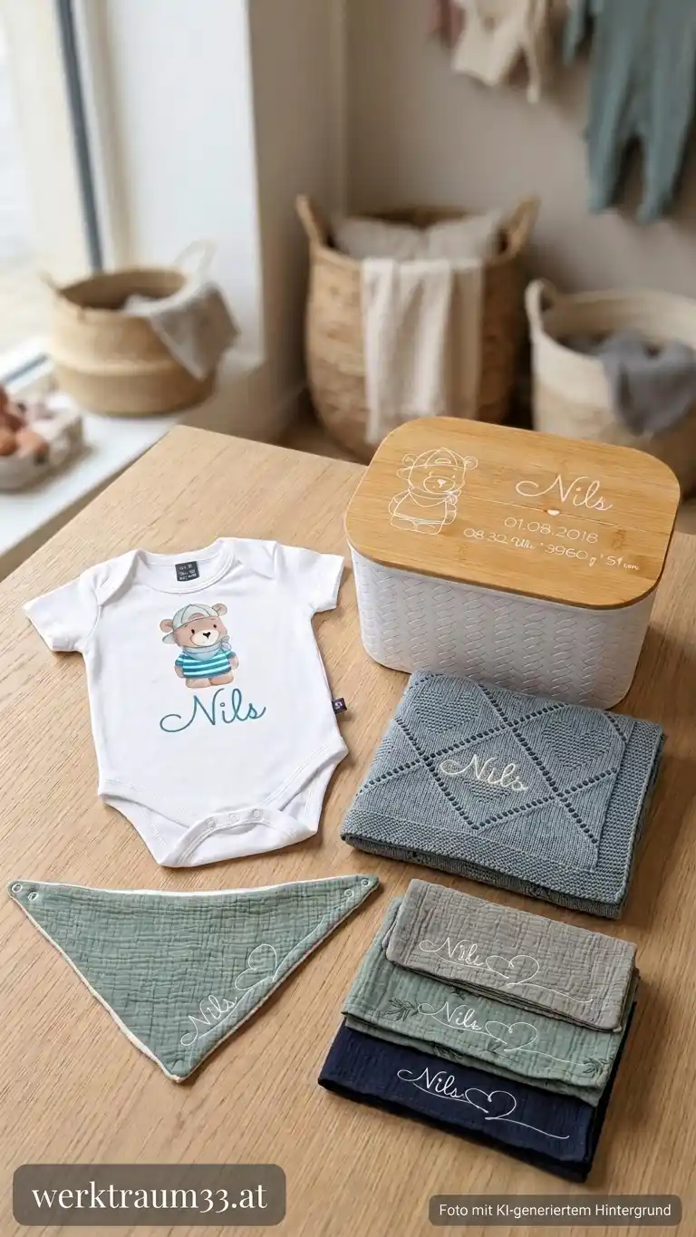 Babybox Premium mit Kurzarm-Body und blauem Herzi-Bärli-Motiv, einer Babydecke, Spucktüchern, Waschlappen und Lätzchen. Personalisiert mit dem Namen "Nils". | werktraum33