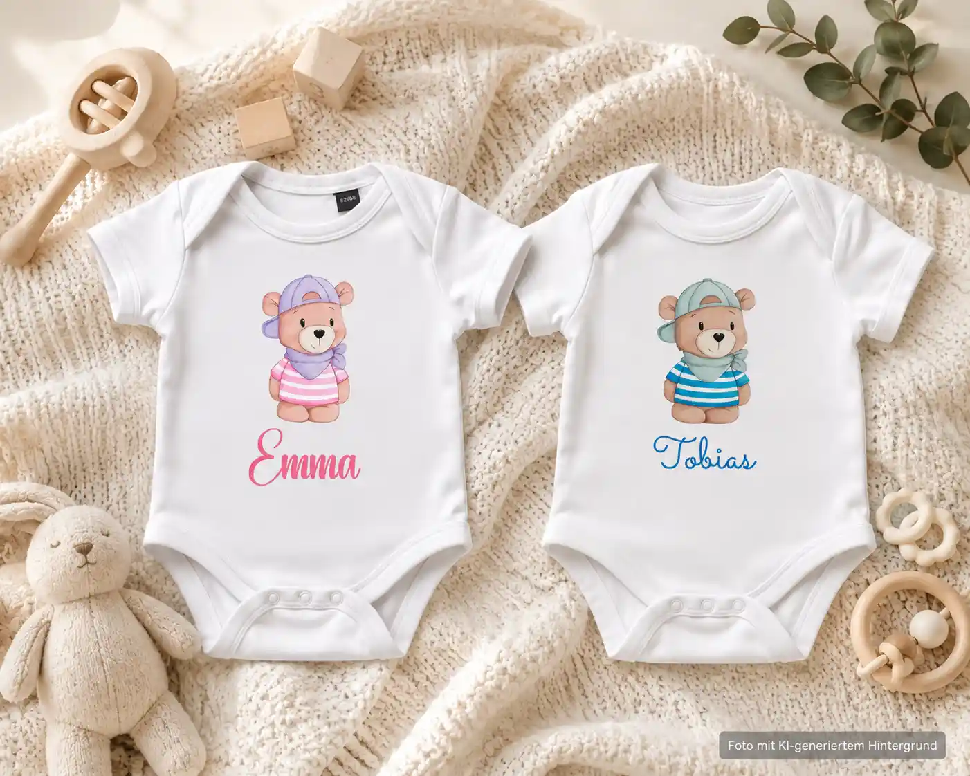 Collage von Baby Kurzarmbodies aus Bio Baumwolle mit den Namen Emma und Tobias personalisiert. | werk(t)raum33