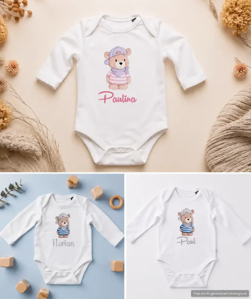 Collage von Baby Langarmbodies aus Bio Baumwolle mit den Namen Paulina, Florian und Paul personalisiert. | werk(t)raum33