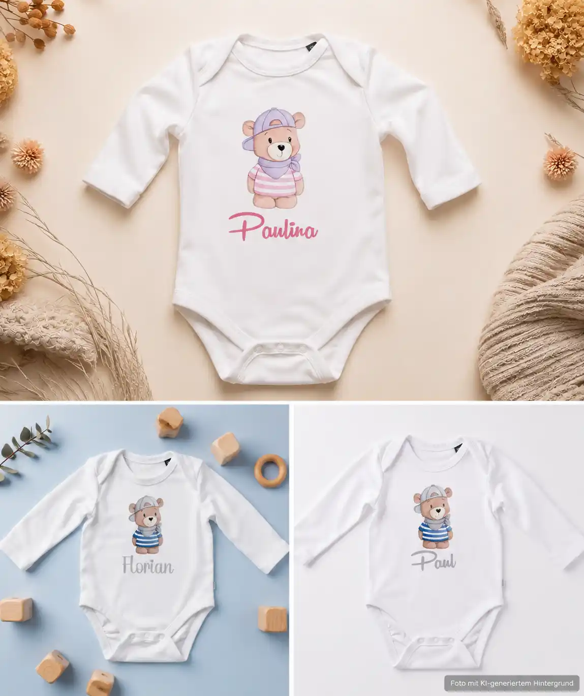 Collage von Baby Langarmbodies aus Bio Baumwolle mit den Namen Paulina, Florian und Paul personalisiert. | werk(t)raum33