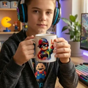 Ein Junge mit Gaming-Headset sitzt am Schreibtisch und hält eine personalisierte Keramik-Tasse mit einem bunten Gamer-Motiv im Graffiti-Stil von werktraum33 in den Händen.