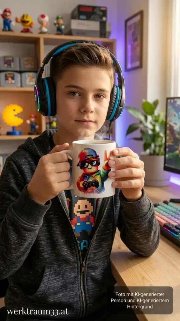 Ein Junge mit Gaming-Headset sitzt am Schreibtisch und hält eine personalisierte Keramik-Tasse mit einem bunten Gamer-Motiv im Graffiti-Stil von werktraum33 in den Händen.