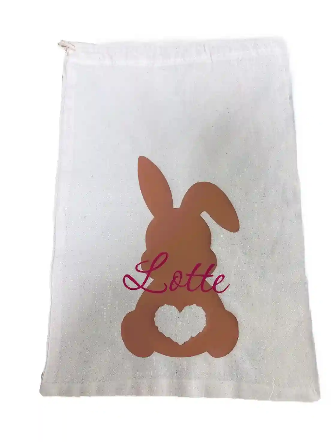 Oster-Baumwollsackerl mit hellbraunem Hasen und Schrift in Fuchsia