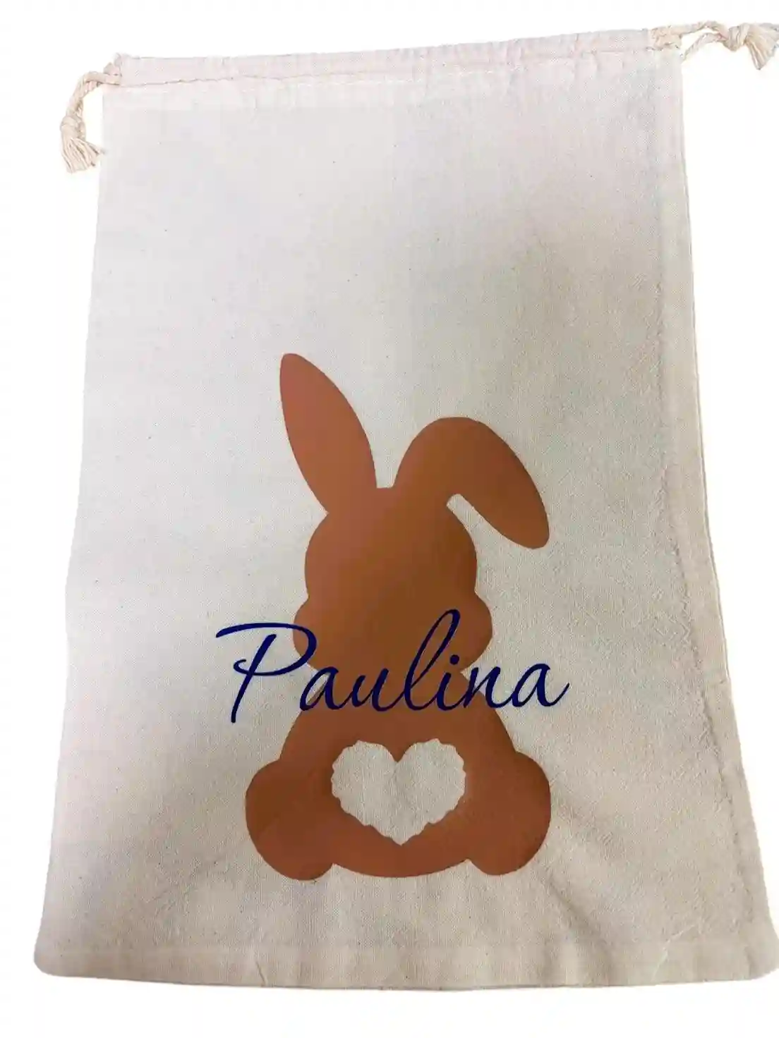 Oster-Baumwollsackerl mit hellbraunem Hasen und royalblauer Schrift
