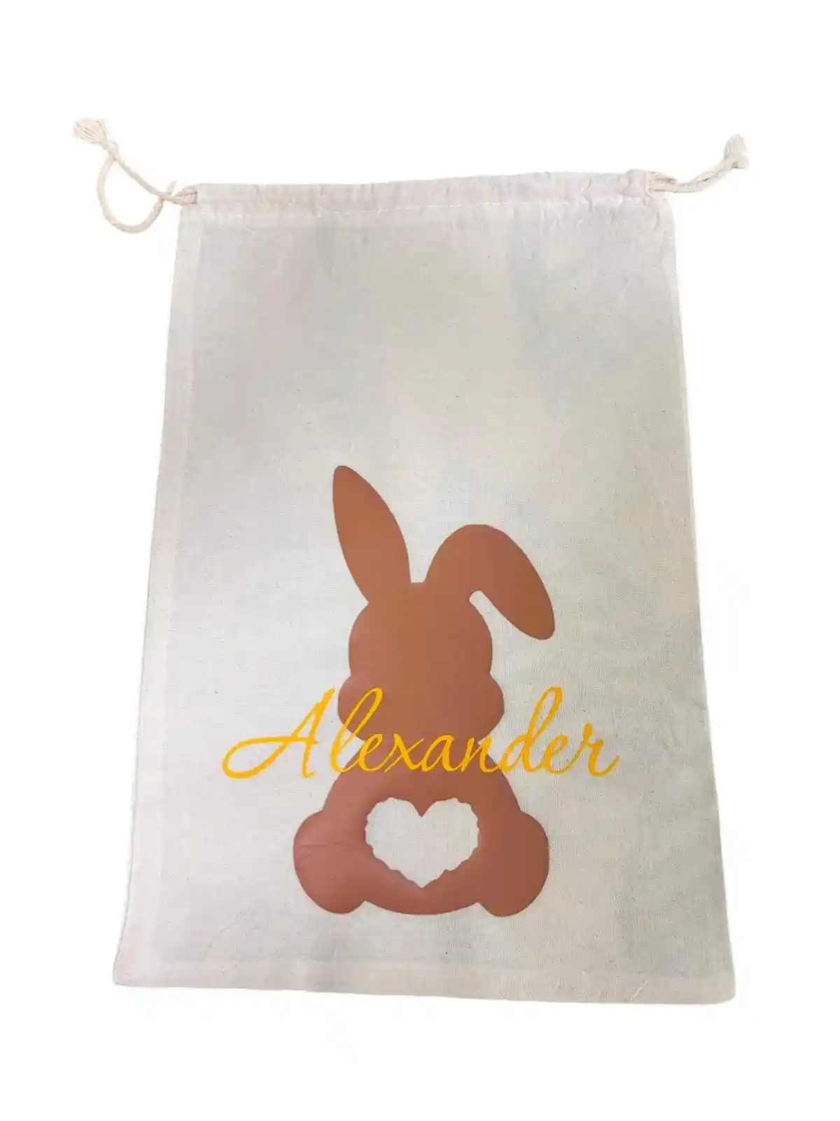 Oster-Baumwollsackerl mit hellbraunem Hasen und sonnengelber Schrift