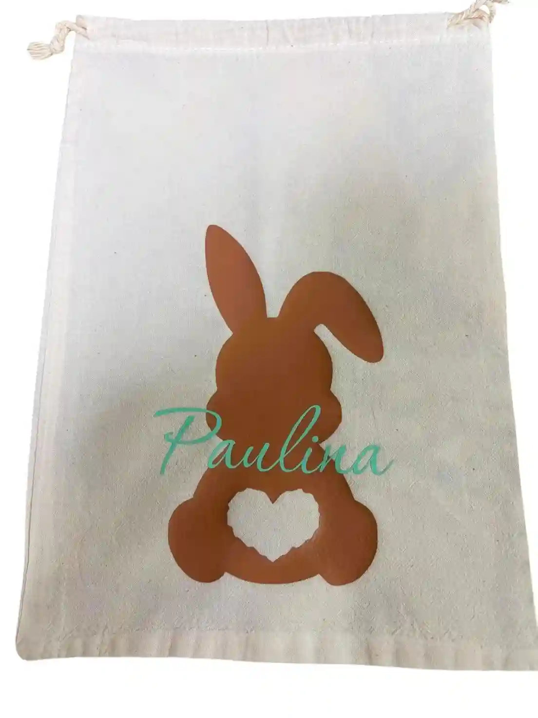 Oster-Baumwollsackerl mit hellbraunem Hasen und türkiser Schrift