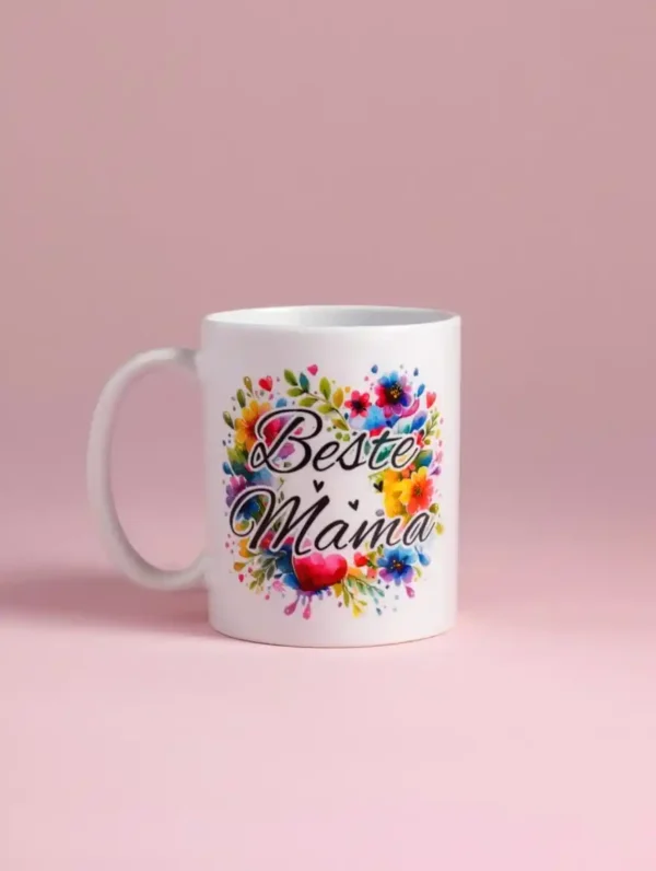 Weiße Keramik-Tasse zum Muttertag mit dem eleganten Schriftzug „Beste Mama“, glänzende Oberfläche, 350 ml Fassungsvermögen.