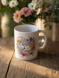 Weiße Keramik-Tasse zum Muttertag mit dem eleganten Schriftzug „Beste Mama“. | werktraum33