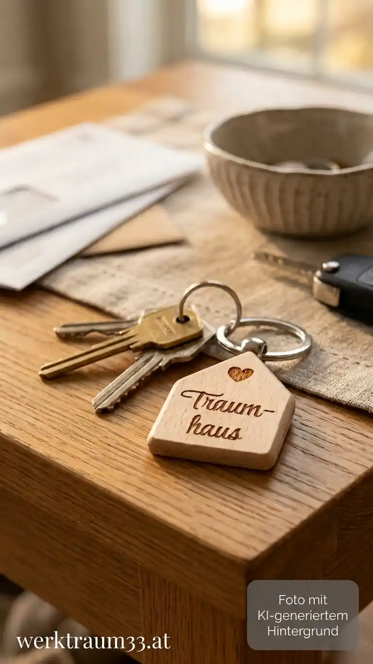 Der Schlüsselanhänger aus Holz in Hausform an einem Schlüsselbund auf einem Holztisch. | werktraum33