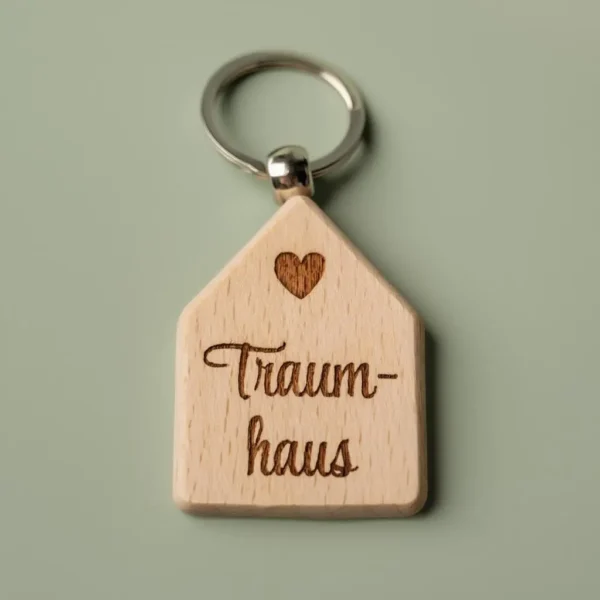 Schlüsselanhänger in Hausform mit Gravur