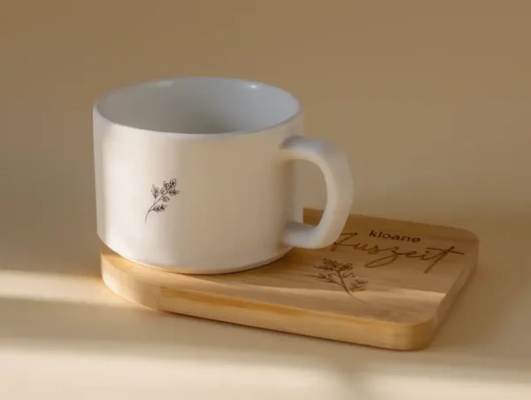 Tasse sumblimiert mit Bambusuntersetzer mit Lasergravur
