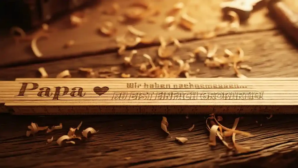 Maßstab mit Liniengravur und Text "Wir haben nachgemessen" für Vatertag von werk(t)raum 33