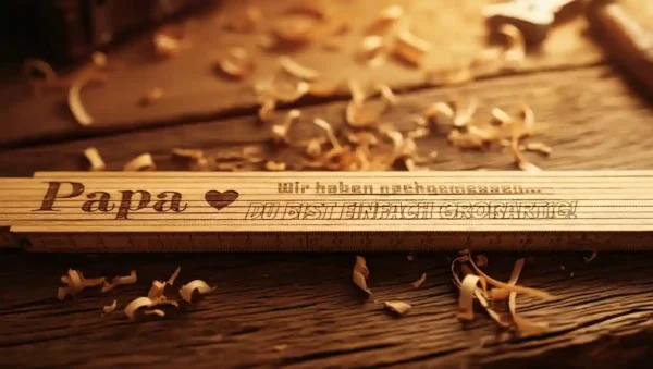 Maßstab mit Liniengravur und Text "Wir haben nachgemessen" für Vatertag von werk(t)raum 33