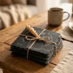 Personalisiertes 4-teiliges Schiefer-Untersetzer-Set mit Gravur eines Hochzeitspaares in Tracht und Wunschname, rustikales Gastgeschenk für Hochzeiten von werktraum33.