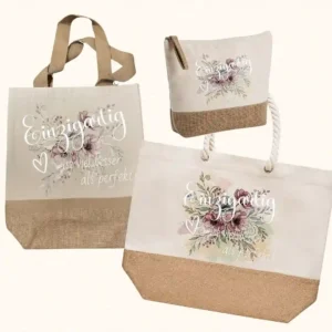 Premium-Taschen-Kollektion von werktraum33 Spruch „einzigartig ist viel besser als perfekt“, bestehend aus Shopper, Strandtasche und Kulturtasche aus Canvas und Jute.