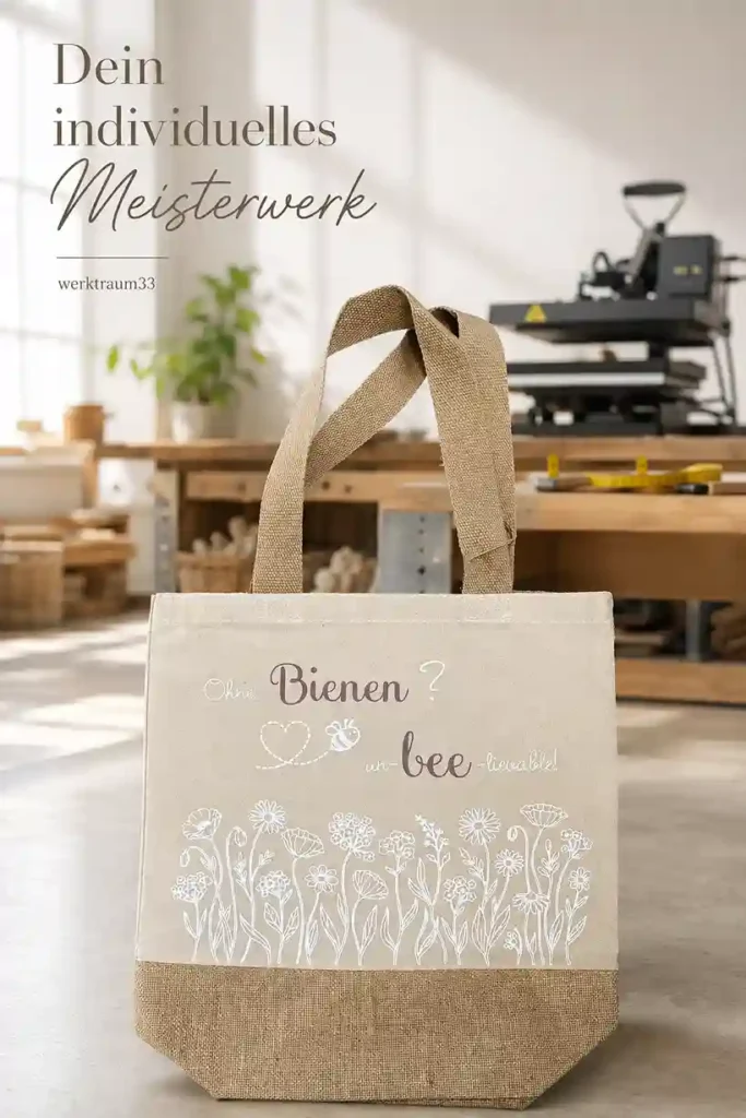 Robuste Einkaufstasche mit Jute-Applikation und Spruch „Ohne Bienen? un - bee - lievable“ mit Line-Art Wildblumen. | werktraum33