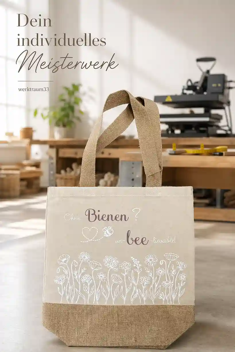 Robuste Einkaufstasche mit Jute-Applikation und Spruch „Ohne Bienen? un - bee - lievable“ mit Line-Art Wildblumen. | werktraum33