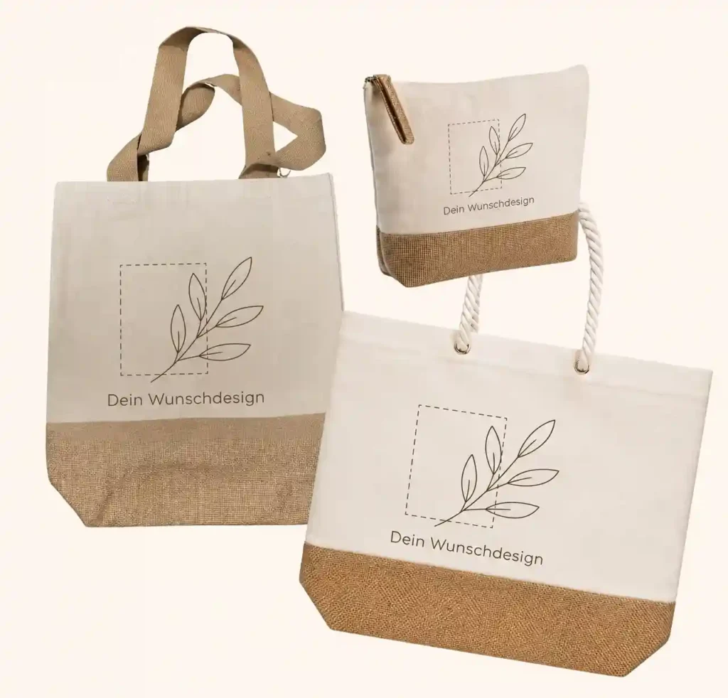 Premium-Taschen-Kollektion von werktraum33 mit Motiv und Text nach Wunsch bestehend aus Shopper, Strandtasche und Kulturtasche aus Canvas und Jute.