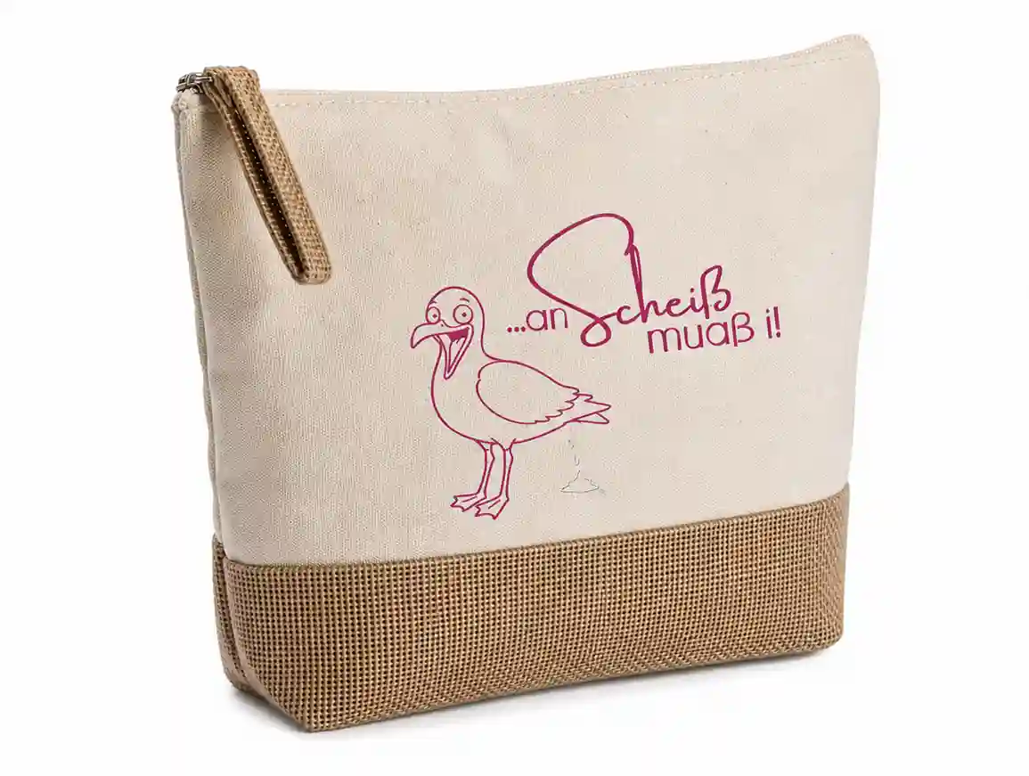 Eco-Kulturbeutel aus Baumwolle und Jute mit Reißverschluss und hochwertigem Aufdruck „an Scheiß muaß i“ von werktraum33.