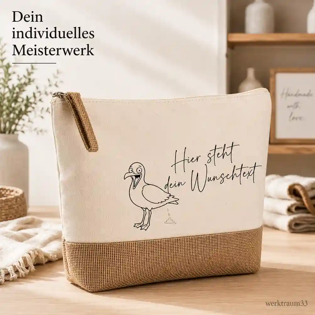 Eco-Kulturbeutel aus Baumwolle und Jute mit Reißverschluss und individuellem Text von werktraum33.