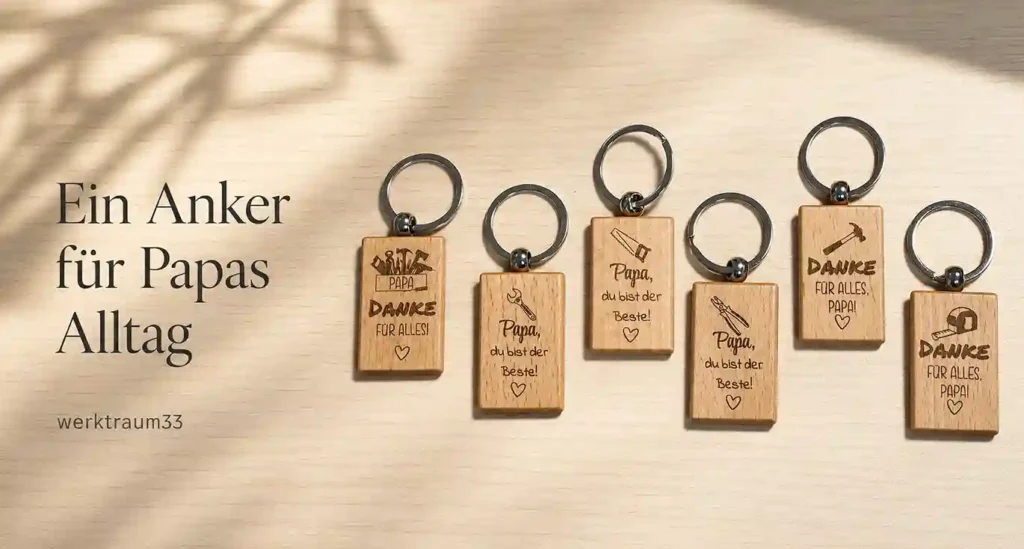Sechs personalisierte rechteckige Holz-Schlüsselanhänger mit Gravur für Papa, verschiedene Symbole und Sprüche auf warmem Hintergrund. | werktraum33