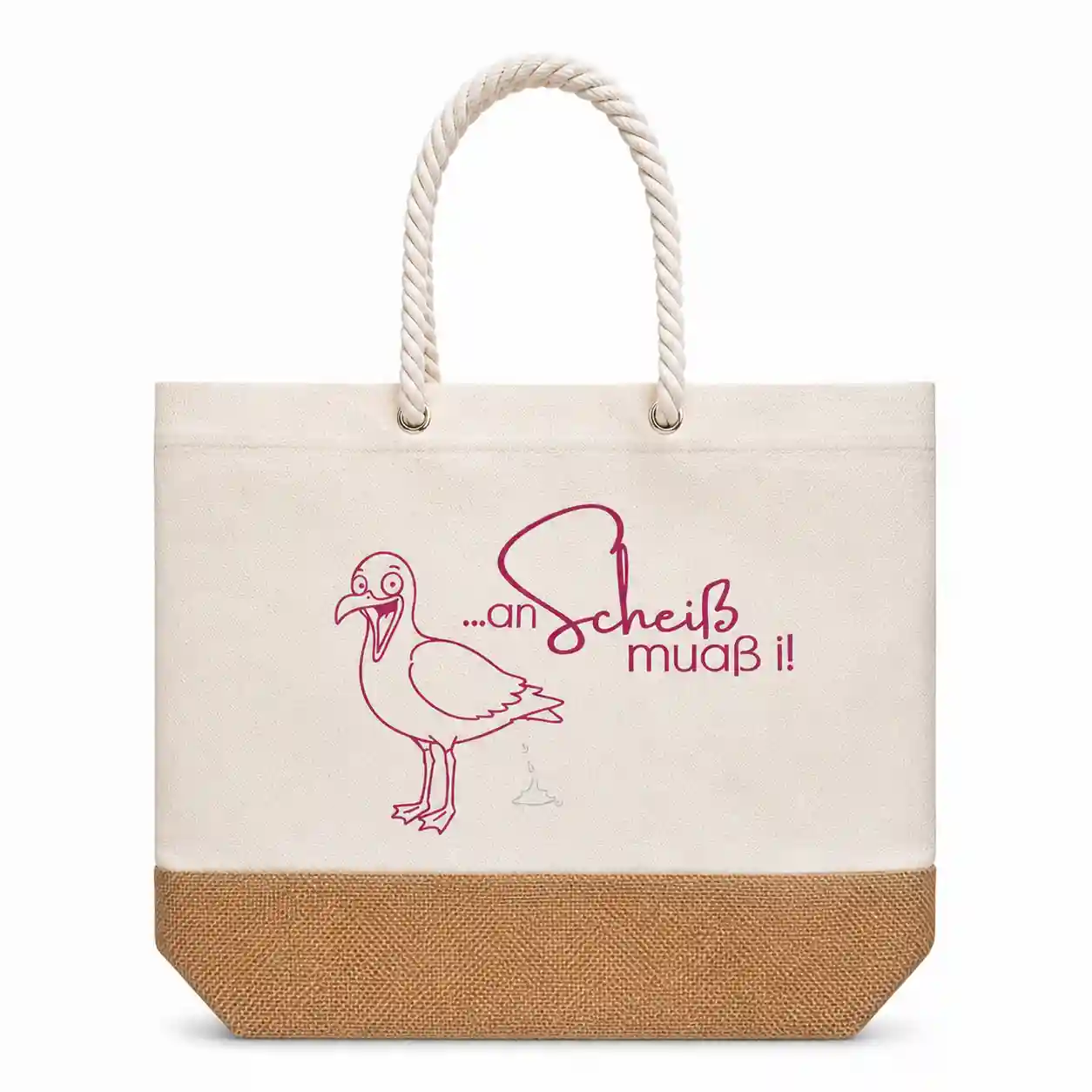 Robuste Strandtasche mit dicken Kordelgriffen, Jute-Applikation und frechem Dialekt-Spruch „an Scheiß muaß i“ mit kackender Möwe. | werktraum33