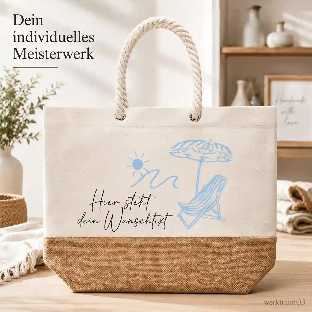 Robuste Strandtasche mit dicken Kordelgriffen, Jute-Applikation und individuellem Spruch mit Sonne, Wellen, Sonnenschirm und Strandliege. | werktraum33