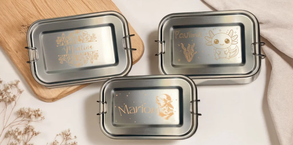 Produktfoto Edelstahl-Jausenbox 3 Boxen "Martina" mit Blumen, Axolotl und Wolf | werktraum33