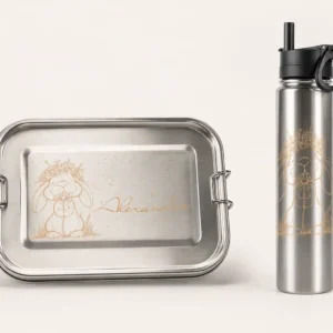 Schulstart-Set: Edelstahl-Jausenbox und Trinkflasche Gravur Hase mit Blumen | werktraum33