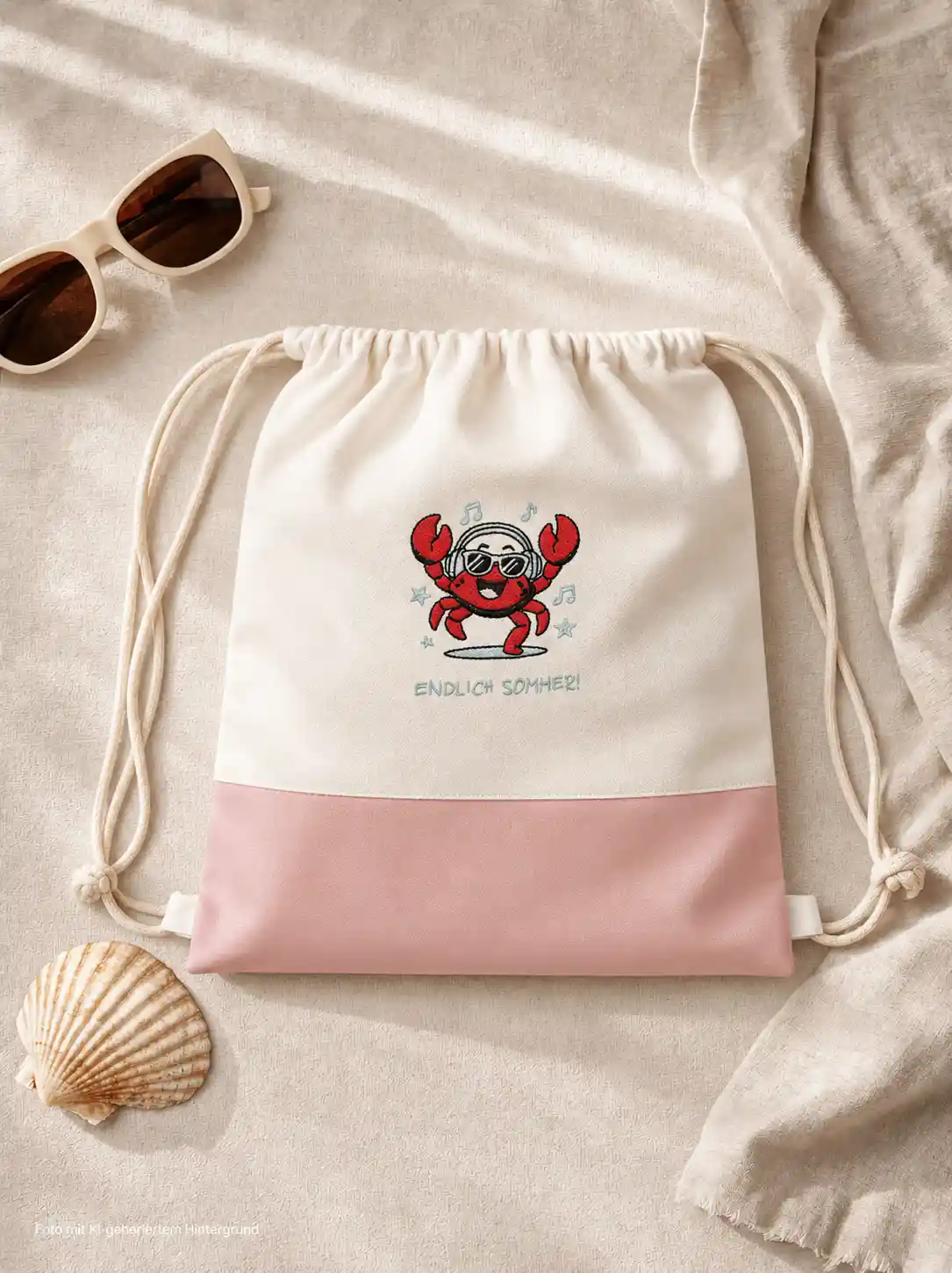Turnsackl weiß rosa mit Krabbe mit Spruch "Endlich Sommer" | werktraum33