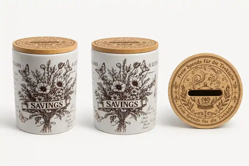 Collage Keramik-Sparkassa mit einem individuellen Vintage-Design. Gravierter Bambusdeckel mit Text "Freie Spende für die Teeküche".