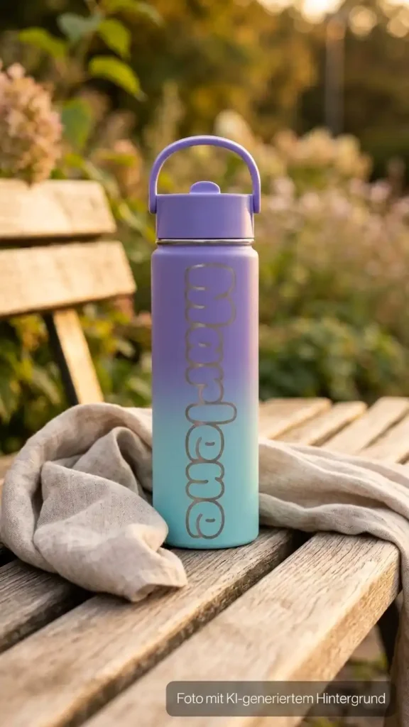 Edelsthal-Trinkflasche bunt mit Name "Marlene" auf einer Bank. | werktraum33.at