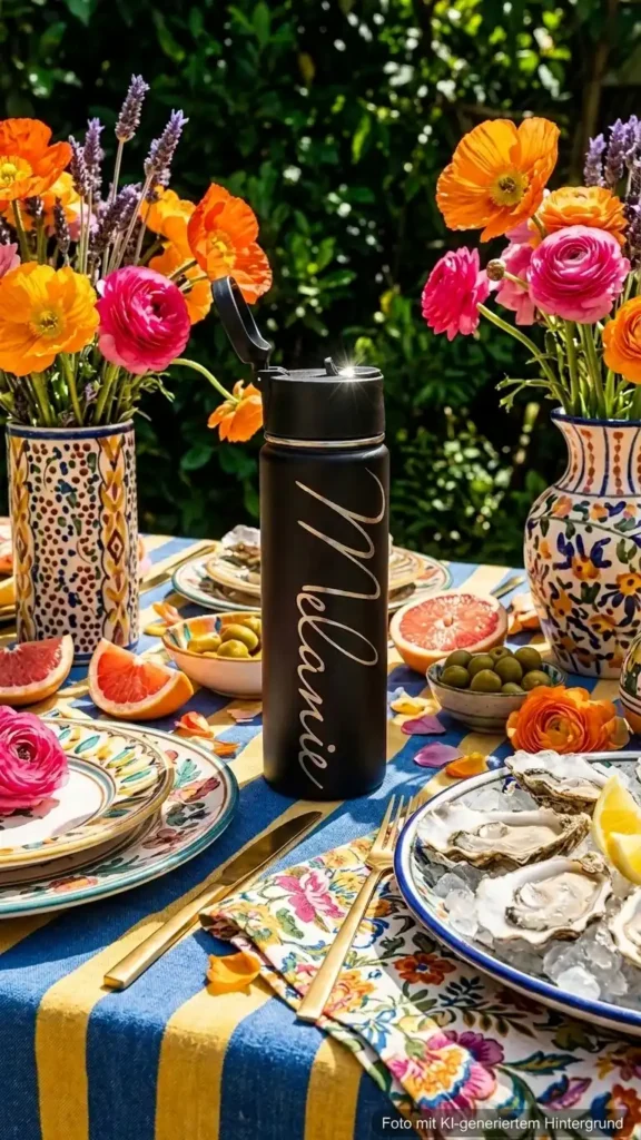 Edelstahl-Trinkflasche bunt mit Name "Melanie" auf einem Tiasch mit Blumen. | werktraum33.at