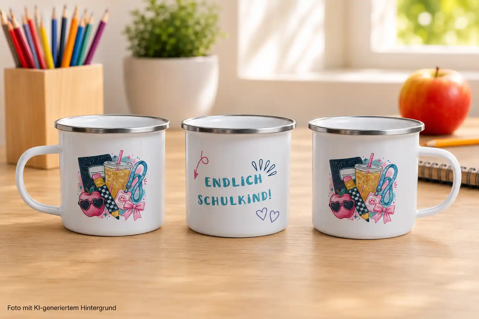 Emaille-Tasse "Endlich Schulkind" Motiv mit verschiedenen Schulsachen | werktraum33