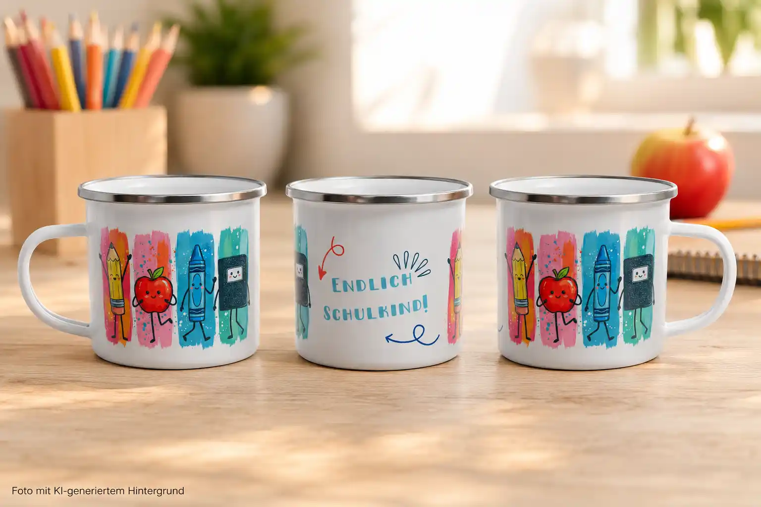 Emaille-Tasse "Endlich Schulkind" Motiv mit verschiedenen Stiften und Heft | werktraum33