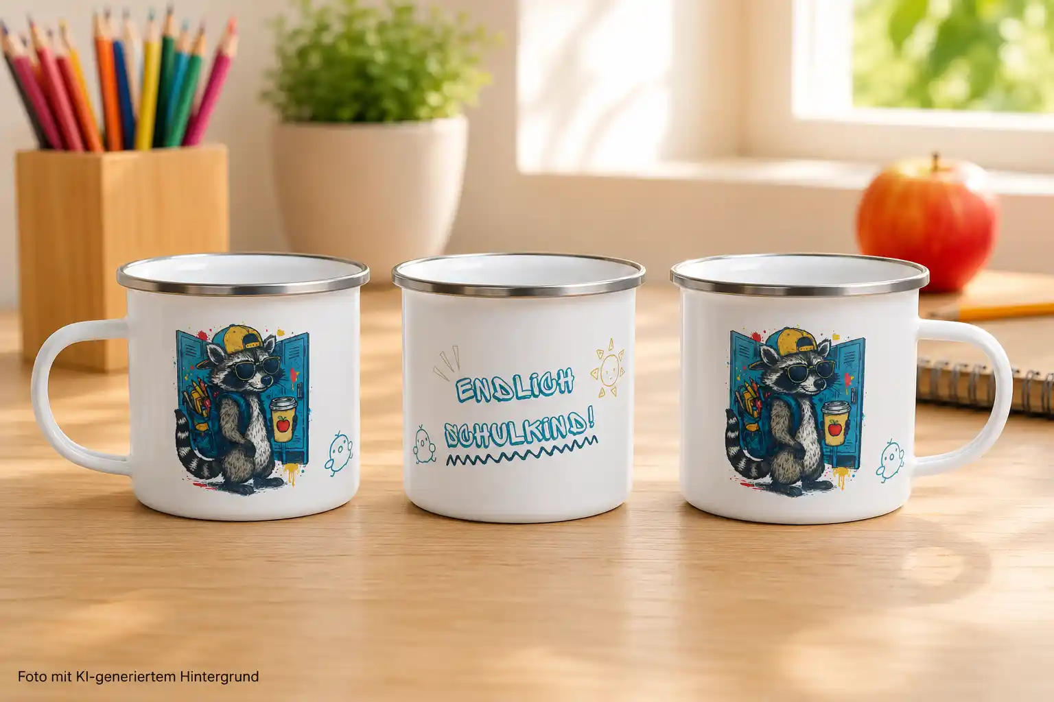 Emaille-Tasse "Endlich Schulkind" Motiv mit Waschbär | werktraum33
