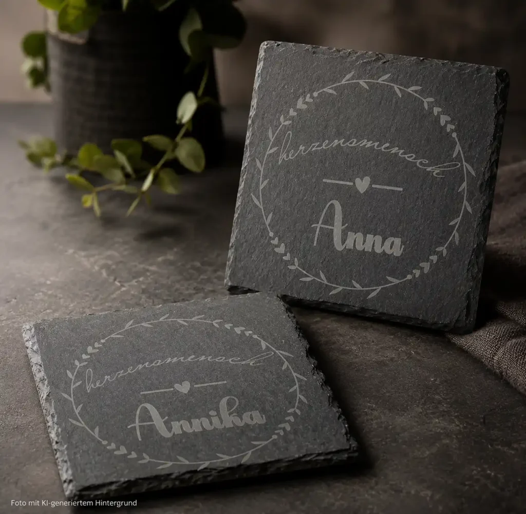 Zwei personalisierte Schiefer-Untersetzer mit Gravur "Herzensmensch Anna" und "Herzensmensch Annika" als Geschenk von werktraum33.
