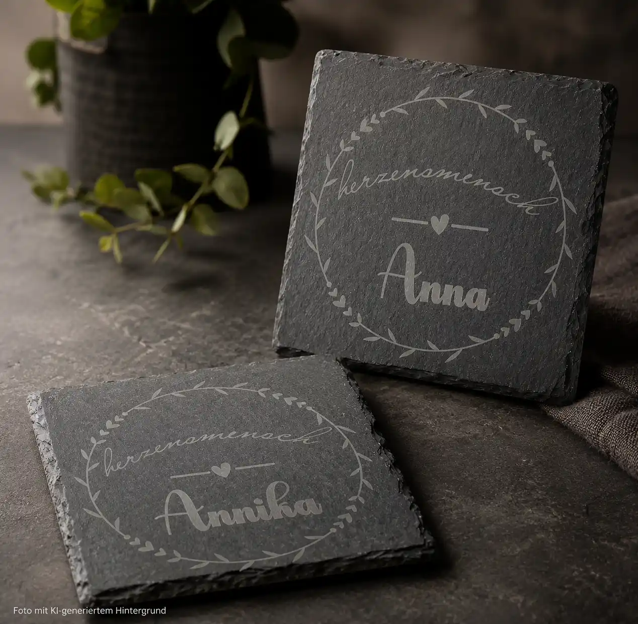 Zwei personalisierte Schiefer-Untersetzer mit Gravur "Herzensmensch Anna" und "Herzensmensch Annika" als Geschenk von werktraum33.