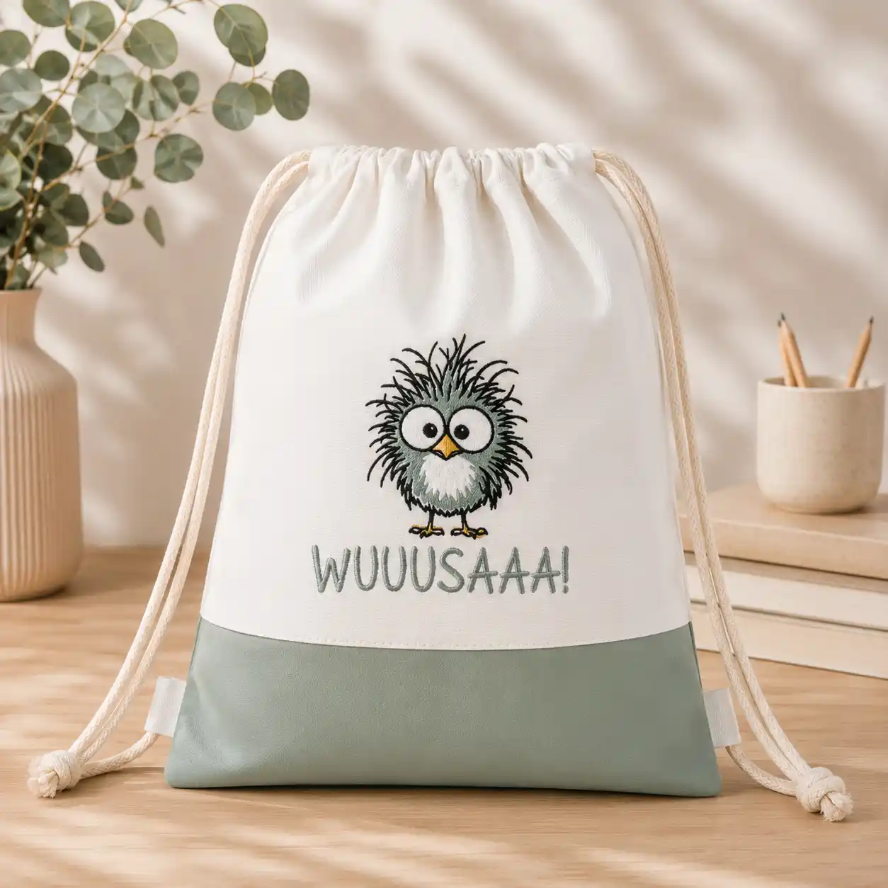 Turnsackl weiß salbei mit Eule und Spruch "Wuuusaaa!" | werktraum33