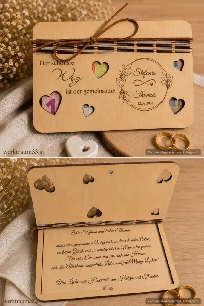Geldgeschenk aus Holz mit aufklappbarem Deckel, Spruch auf der Front "Der schönste Weg ist der gemeinsame" und Name des Brautpaares. Im Inneren ebenfalls ein Spruch. Lasergraviert von werktraum33.