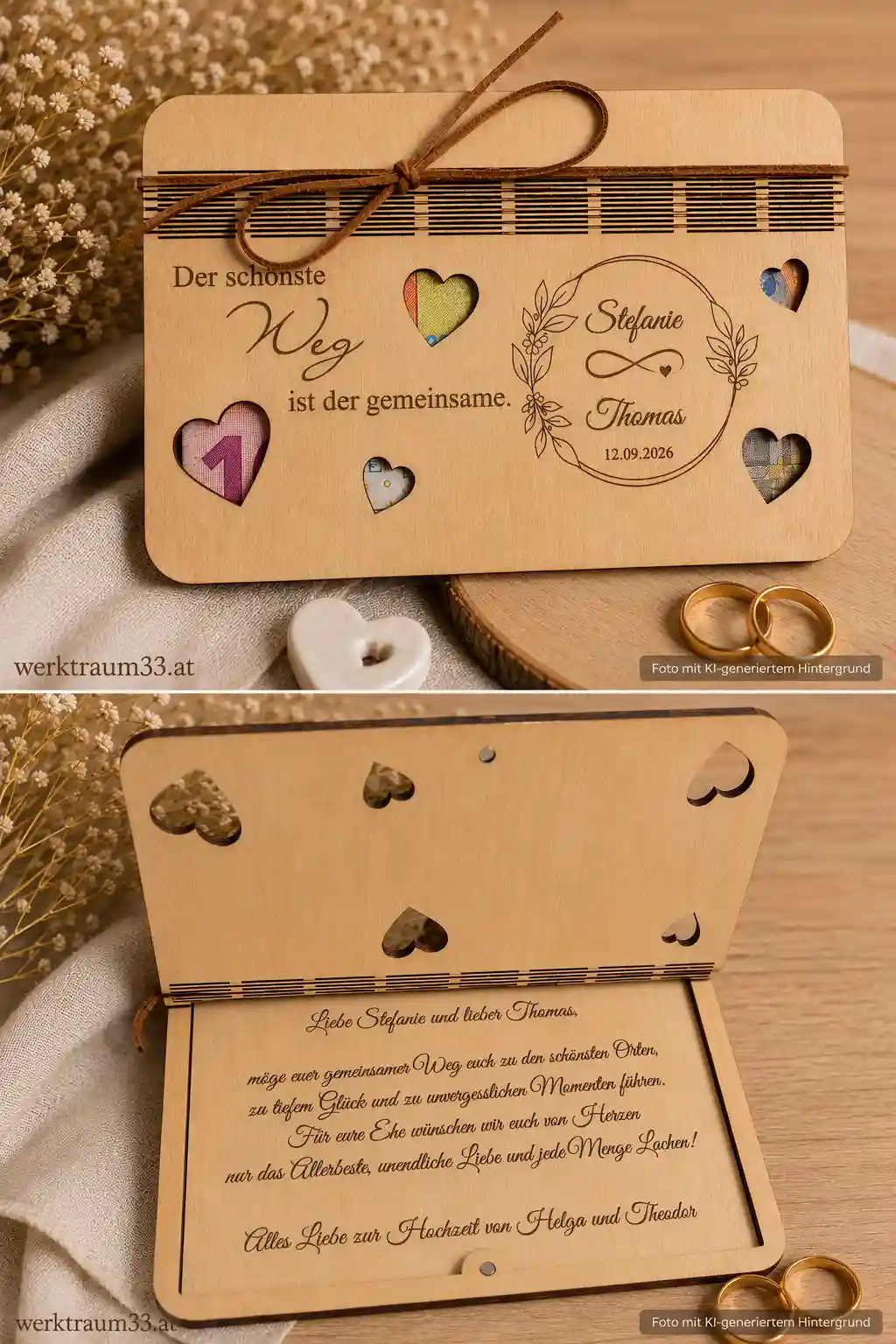 Geldgeschenk aus Holz mit aufklappbarem Deckel, Spruch auf der Front "Der schönste Weg ist der gemeinsame" und Name des Brautpaares. Im Inneren ebenfalls ein Spruch. Lasergraviert von werktraum33.
