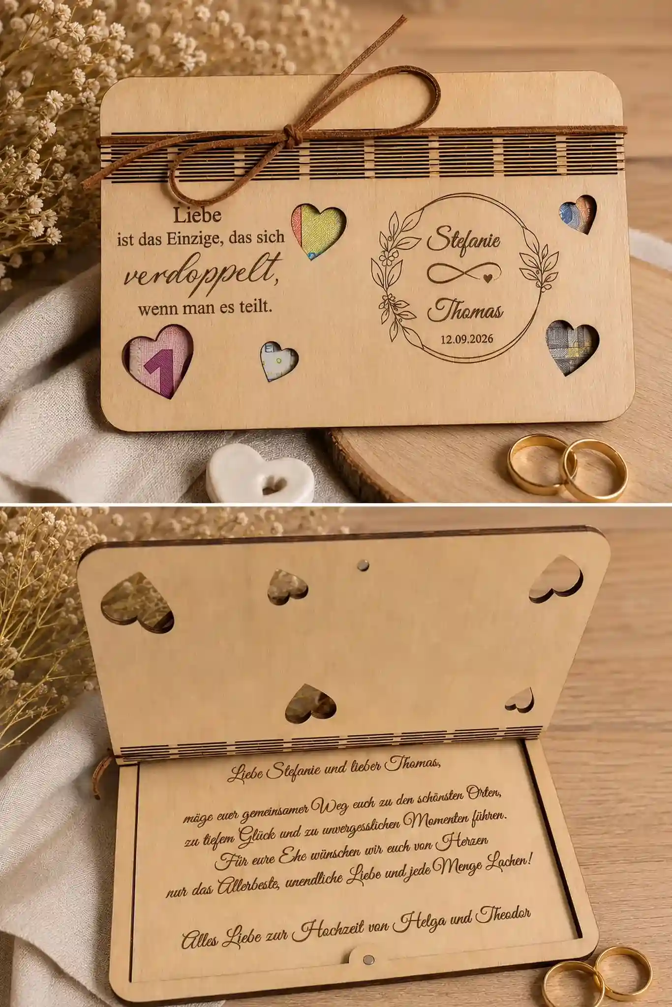 Geldgeschenk aus Holz mit aufklappbarem Deckel, Spruch auf der Front "Liebe ist das Einzige, das sich verdoppelt, wenn man es teilt!" und Name des Brautpaares. Im Inneren ebenfalls ein Spruch. Lasergraviert von werktraum33.
