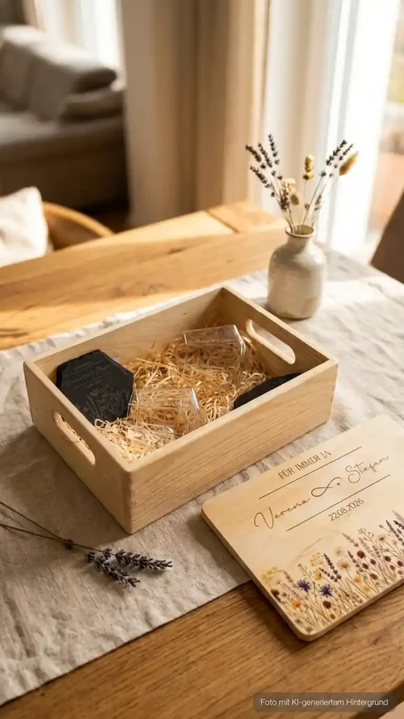 Hochzeitsgeschenk Holzkiste (Deckel sublimiert) mit gravierten Whiskeygläsern und Schieferuntersetzern. | werktraum33