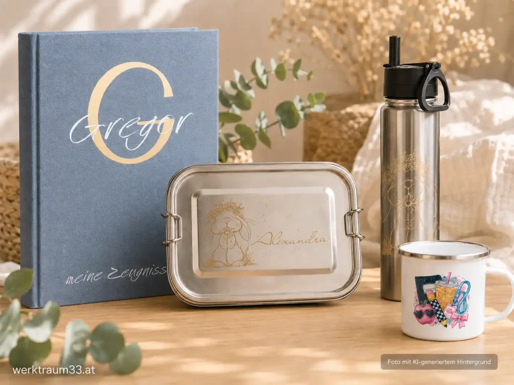 Schulstart-Set groß mit Edelstahl-Trinkflasche, Jausenbox, Zeugnismappe und Emaille-Tasse | werktraum33