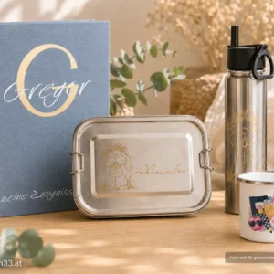 Schulstart-Set groß mit Edelstahl-Trinkflasche, Jausenbox, Zeugnismappe und Emaille-Tasse | werktraum33