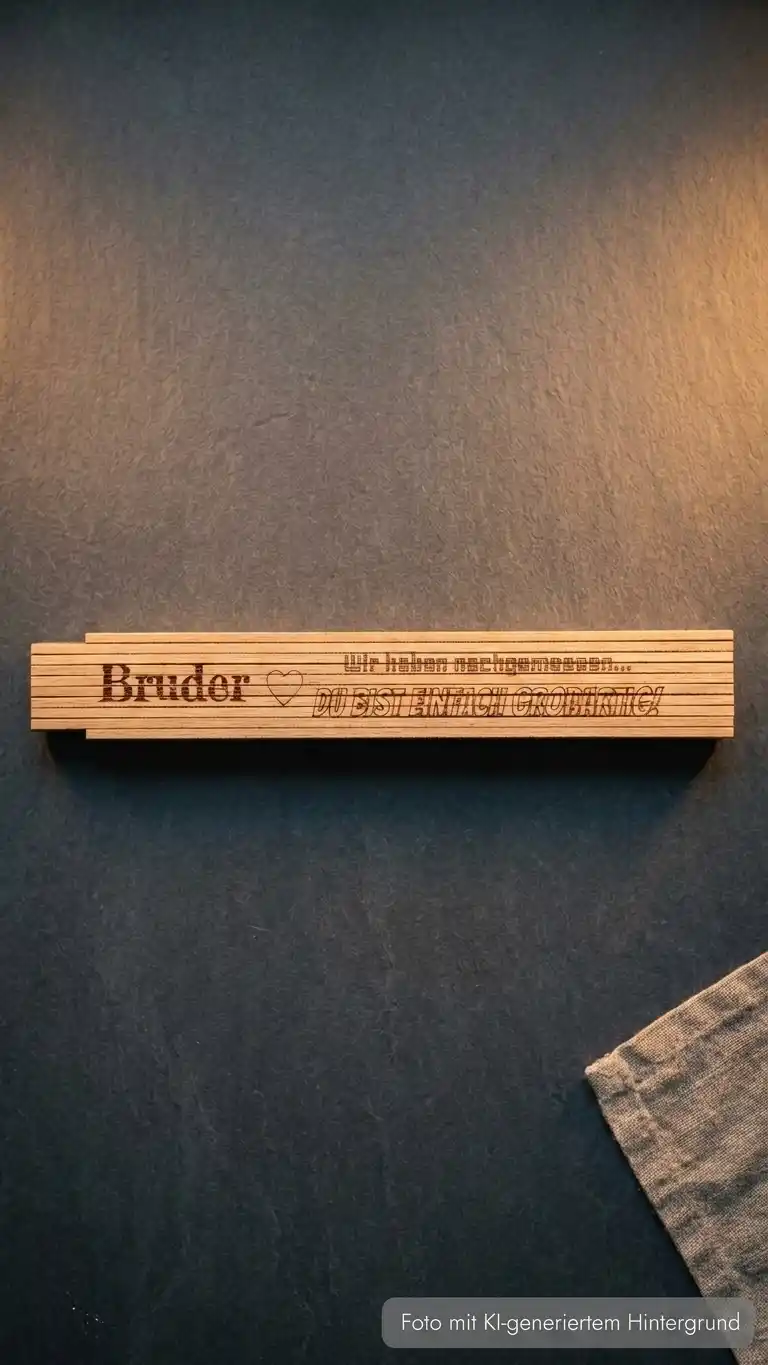 Maßstab mit Liniengravur und Text "Bruder - Wir haben nachgemessen" | werk(t)raum 33