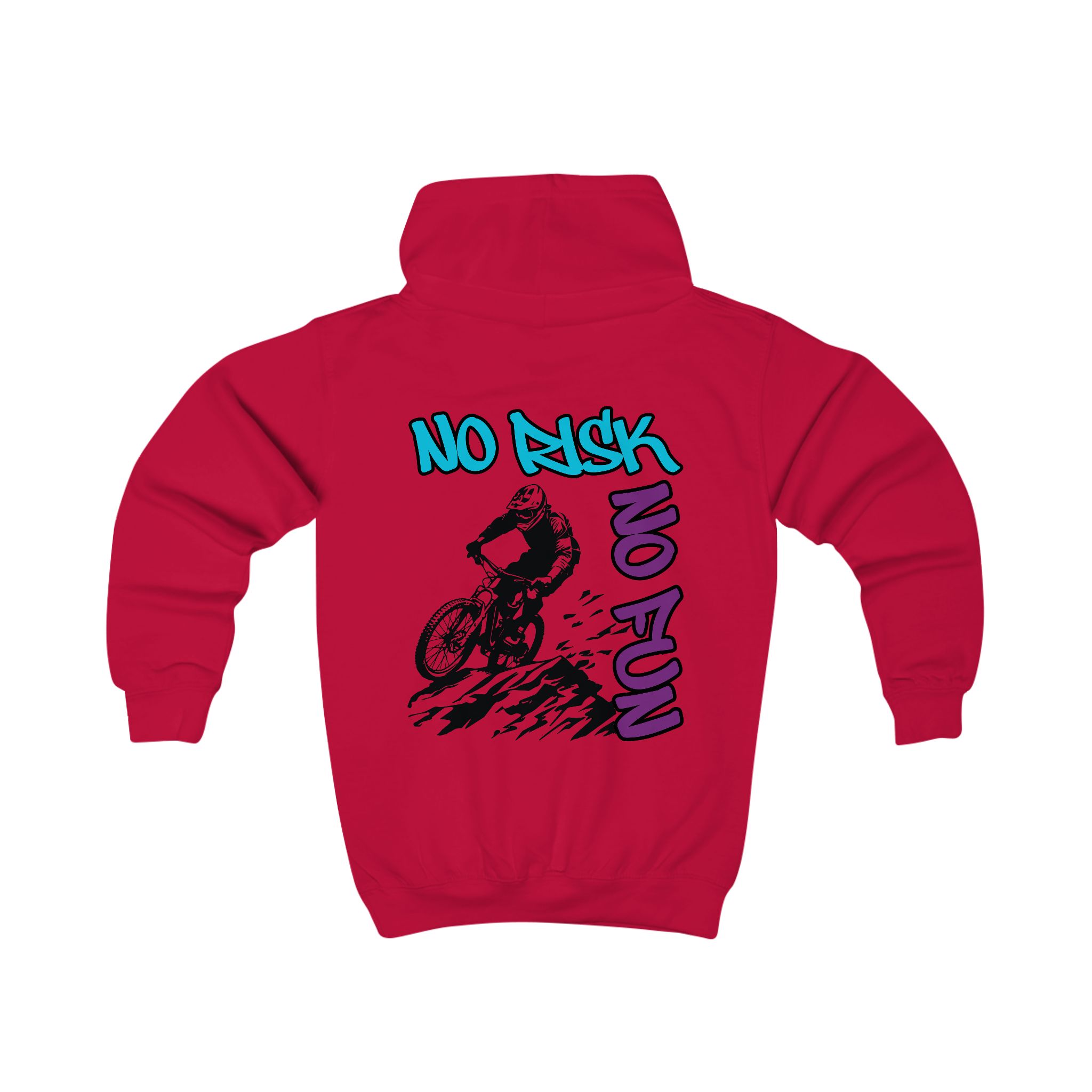 Kinder Hoodie Mountainbiker mit Spruch "No Risk No Fun" on rot von werktraum33.
