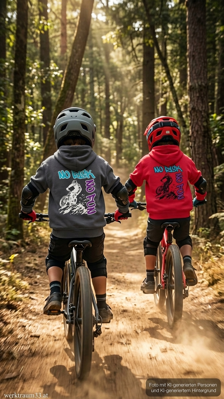 Zwei Kinder auf Mountainbikes auf einem Trail, die den Kinder Hoodie Mountainbiker in rot bzw. grau tragen. | werktraum33